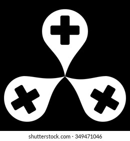 Hospital Map Markers vector icon. Style is flat symbol, white color, rounded angles, black background.