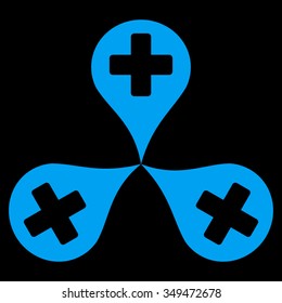 Hospital Map Markers vector icon. Style is flat symbol, blue color, rounded angles, black background.