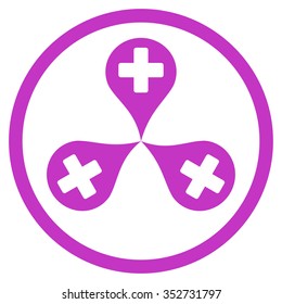 Hospital Map Markers vector icon. Style is flat circled symbol, violet color, rounded angles, white background.