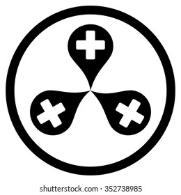 Hospital Map Markers vector icon. Style is flat circled symbol, black color, rounded angles, white background.