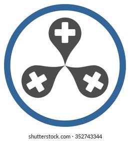 Hospital Map Markers vector icon. Style is bicolor flat circled symbol, cobalt and gray colors, rounded angles, white background.