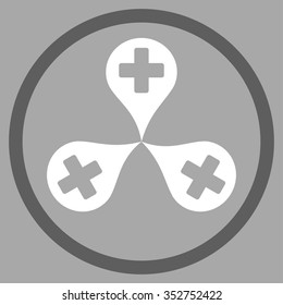Hospital Map Markers vector icon. Style is bicolor flat circled symbol, dark gray and white colors, rounded angles, silver background.