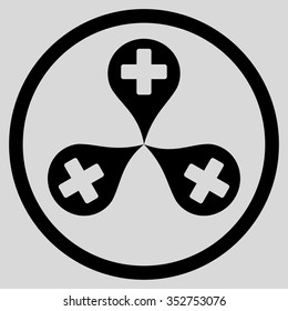 Hospital Map Markers vector icon. Style is flat circled symbol, black color, rounded angles, light gray background.