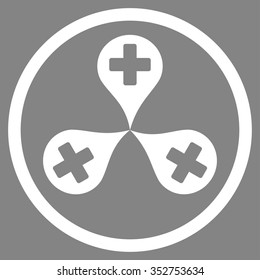 Hospital Map Markers vector icon. Style is flat circled symbol, white color, rounded angles, gray background.