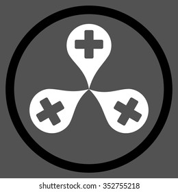 Hospital Map Markers vector icon. Style is bicolor flat circled symbol, black and white colors, rounded angles, gray background.