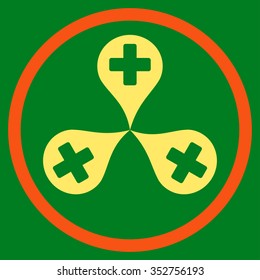 Hospital Map Markers vector icon. Style is bicolor flat circled symbol, orange and yellow colors, rounded angles, green background.