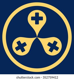 Hospital Map Markers vector icon. Style is flat circled symbol, yellow color, rounded angles, blue background.