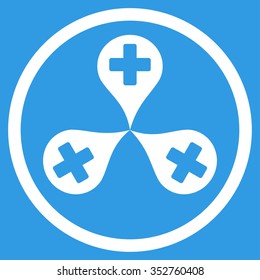 Hospital Map Markers vector icon. Style is flat circled symbol, white color, rounded angles, blue background.