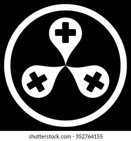 Hospital Map Markers vector icon. Style is flat circled symbol, white color, rounded angles, black background.