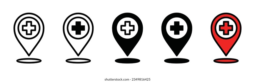 Hospital map pin location icons. Map pin location with red cross icon symbol in line and flat style for apps and websites. GPS, markers on white background. Vector illustration