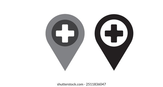 Iconos de ubicación de pin del mapa del hospital. Ubicación del pin del mapa con el símbolo de la cruz roja en línea y estilo plano para App y Sitios web. GPS, marcadores sobre fondo blanco. Ilustración vectorial