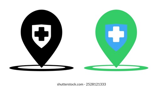 Hospital map pin location icons. Map pin location with red cross icon symbol in line and flat style for apps and websites. GPS, markers on white background. Vector illustration