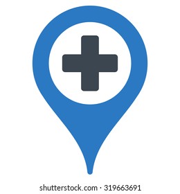 Hospital Map Pointer vector icon. Style is bicolor flat symbol, smooth blue colors, rounded angles, white background.