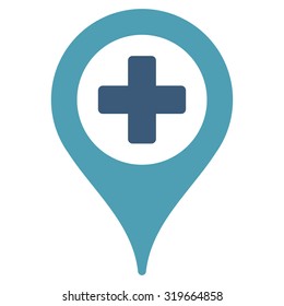 Hospital Map Pointer vector icon. Style is bicolor flat symbol, cyan and blue colors, rounded angles, white background.