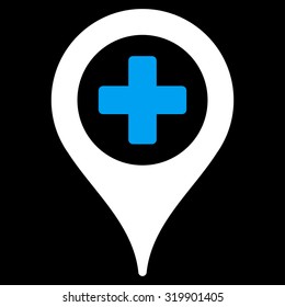 Hospital Map Pointer vector icon. Style is bicolor flat symbol, blue and white colors, rounded angles, black background.