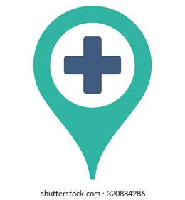 Hospital Map Pointer vector icon. Style is bicolor flat symbol, cobalt and cyan colors, rounded angles, white background.