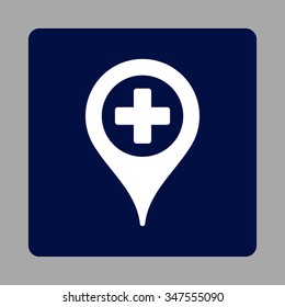 Hospital Map Pointer vector icon. Style is flat rounded square button, white and dark blue colors, silver background.