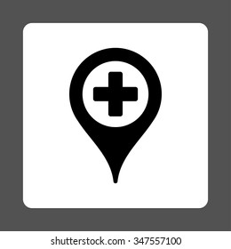 Hospital Map Pointer vector icon. Style is flat rounded square button, black and white colors, gray background.
