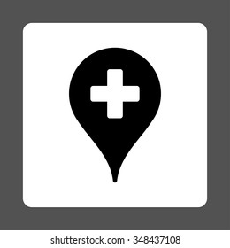 Hospital Map Pointer vector icon. Style is flat rounded square button, black and white colors, gray background.