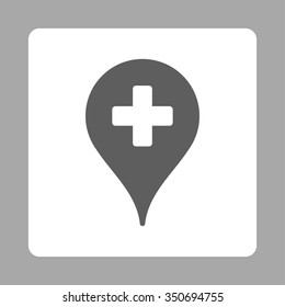 Hospital Map Pointer vector icon. Style is flat rounded square button, dark gray and white colors, silver background.