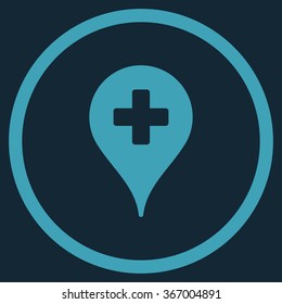 Hospital Map Pointer vector icon. Style is flat circled symbol, blue color, rounded angles, dark blue background.