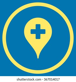 Hospital Map Pointer vector icon. Style is flat circled symbol, yellow color, rounded angles, blue background.