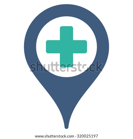 Hospital Map Pointer vector icon. Style is bicolor flat symbol, cobalt and cyan colors, rounded angles, white background.