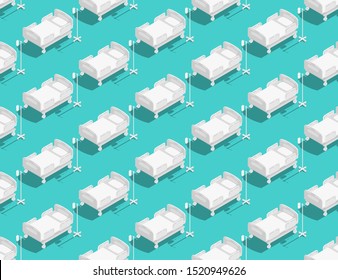 Hospital Or Medical Bed 3d Isometric Seamless Pattern, Healthcare Concept Design Illustration Isolated On Green Background With Copy Space, Vector Eps 10