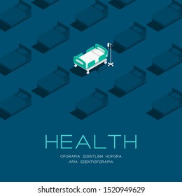 Hospital or medical Bed 3d isometric pattern, Healthcare concept poster and social banner post square design illustration isolated on blue background with copy space, vector eps 10