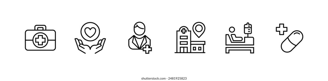 la línea de iconos de atención médica hospitalaria Vector establece el tratamiento de salud del paciente con signos cruzados de medical aid contorno ilustración para Web y App