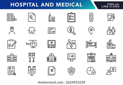Conjunto de ícones de linha de hospital e assistência médica. Medicina, saúde, médico, emergência, medicina, informação, cirurgia e coleção de ícones de contorno do paciente. Pacote de ícones de vetor de contorno fino de interface do usuário
