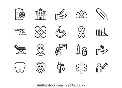 Hospital and medical care lines icon set. Hospital genres and attributes. Linear design. Lines with editable stroke. Isolated vector icons.