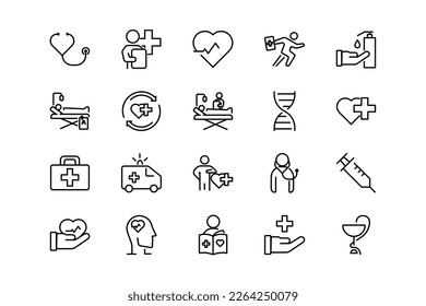 Hospital and medical care lines icon set. Hospital genres and attributes. Linear design. Lines with editable stroke. Isolated vector icons.