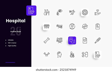 Conjunto de iconos de líneas de atención médica y hospitalaria. Géneros y atributos hospitalarios. Diseño lineal. Líneas con trazo editable. Iconos aislados del vector.