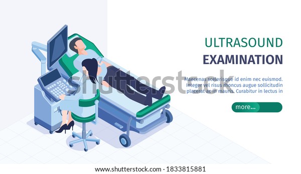 Hospital medical care online info horizontal\
isometric web page banner with diagnostic ultrasound scanner vector\
illustration