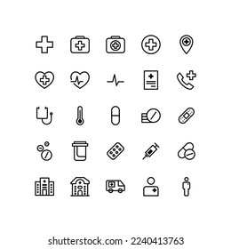 Hospital and medical care outline icons set. Flat icons vector.