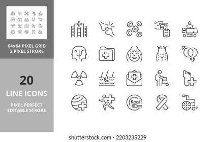 Klinische und medizinische Versorgung dünne Linie Symbol gesetzt. Rahmensymbolkollektion. Bearbeitbarer Vektorhub. 64 und 256 Pixel perfekt skalierbar auf 128 Pixel