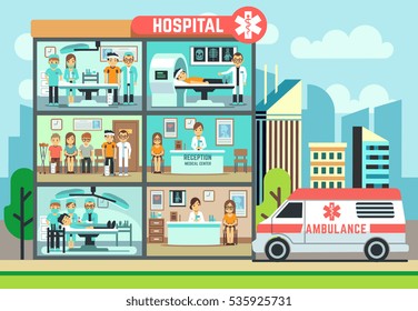 Hospital, Medical Clinic Building, Ambulance With Patients And Doctors Healthcare Vector Flat Illustration. Surgery Room In Hospital, Waiting Room And Operating.