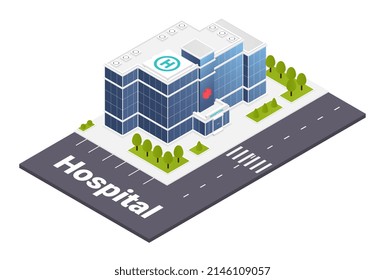 Concepto de construcción de hospitales o clínicas. Gran centro moderno de diagnóstico y tratamiento de enfermedades. Elemento de diseño para redes sociales y sitios web. Ilustración vectorial isométrica de dibujos animados