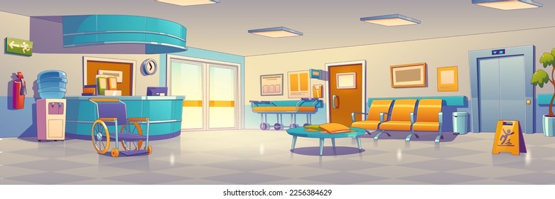 Hospital or medical clinic hall interior with reception counter, chairs, elevator doors, wheelchair, gurney and water cooler. Empty hospital corridor, vector illustration in contemporary style