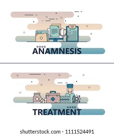 Hospital or medical clinic template set. Vector modern thin line art flat style design elements with medical history and medical treatment symbols, icons for website banners and printed materials.