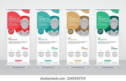 Hospital, medical, dental healthcare roll up banner template set, information banner, pull up, standee, signage, vertical stand vector layout design concept for marketing business advertising promo