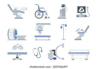 Hospital Medical Diagnostic Equipment Set. Clinic Devices, Health System, Monitoring. Tomograph, Scanner, Xray, Dentist Chair, Blood Transfusion, Fluorography, Wheelchair. Vector Illustration