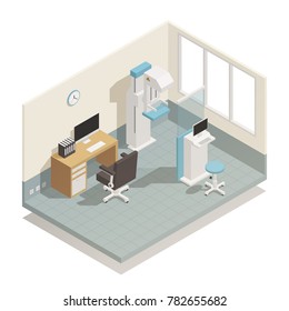 Hospital medical diagnostic mammography screening equipment for breast examination isometric composition with laboratory personnel desk vector illustration 
