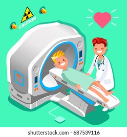 Hospital medical diagnostics equipment isometric people cartoon doctor and patient vector facial expressions emotions face, eyes, lips, nose. 