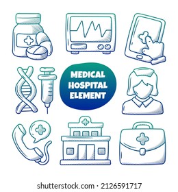 Hospital and medical element collection with hand drawn outline style