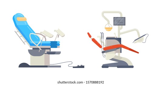 Hospital medical equipment. Gynecological chair, medical dental arm-chair. Equipment dentist chair for dental treatment, toothache vector illustration isolated on white background