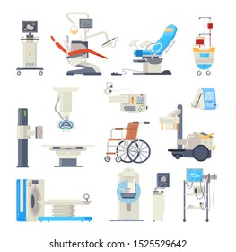 Hospital Medical Equipment Set. Medical Devices. Health System And Monitoring. Tomograph, Scanner, X-ray, Gynecology, Fluorography, Dentist Chair, Mammography, Blood Transfusion Mri Vector Cartoon