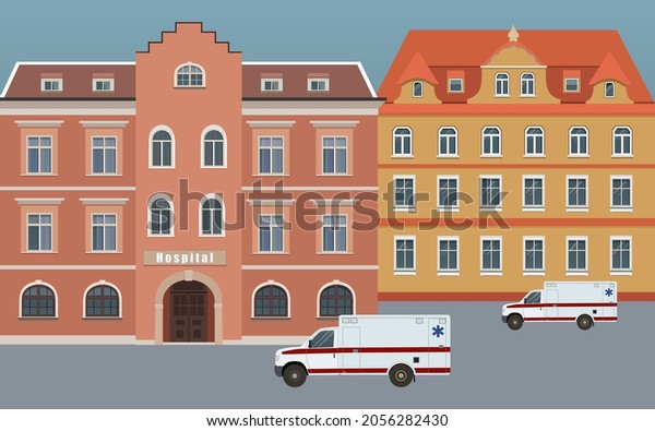 Hospital, medical\
facility, medical assistance to the population. Ambulances are\
awaiting an urgent call. Emergency. First aid. Urgent\
assistance.\
Vector\
illustration.