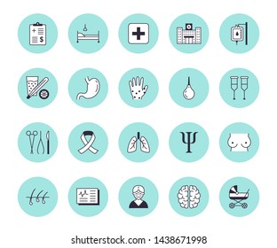 Hospital, Medical Flat Line Icons. Stomach Breast Cancer, Insurance, Chemotherapy, Blood Transfusion, Shrink, Clinic Building, Surgical Instruments. Health Care Thin Linear Signs